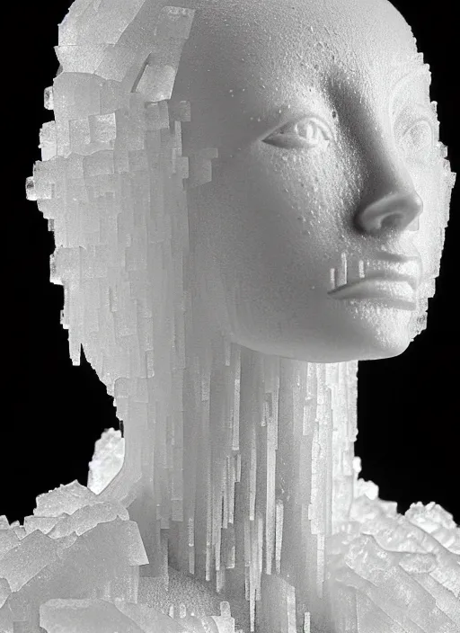 Image similar to a young female cyborg bust made of ice, dramatic, ilford hp 5, closeup - view, f / 2. 8, high contrast, 1 6 k, fluorescent lamp, contre - jour, insanely detailed and intricate, hypermaximalist, elegant, ornate, hyper realistic, super detailed