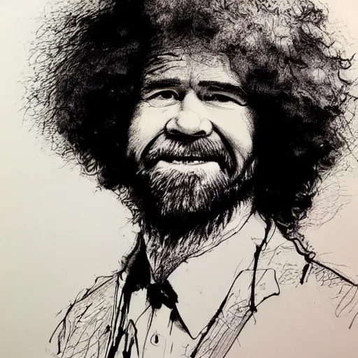 Image similar to bob ross in a portrait, drawn in ink by ralph steadman