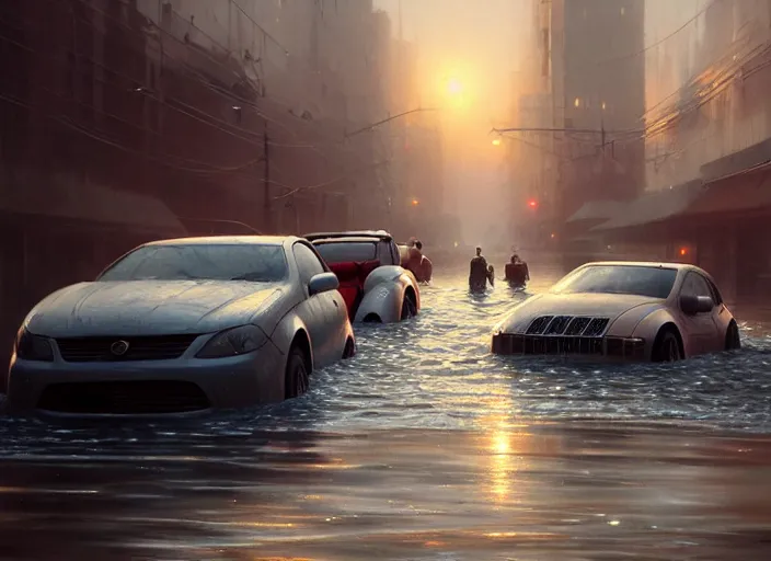 Prompt: cars driving through shallow water, flooded city, people walking through shallow water, muted colors, highly detailed, hyperrealistic, oil painting, intricate, cgsociety, artstation, 8 k, cinematic, soft lighting, by greg rutkowski, by wlop, by artgerm