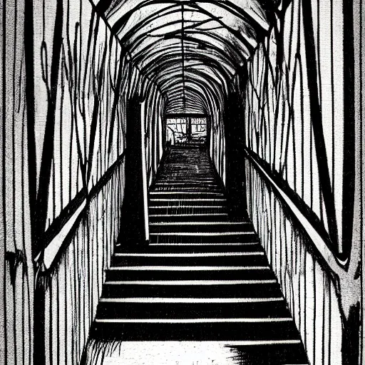 Prompt: a terrifying dark hallway with many doors and many stairs, impending doom, horror, Mc Escher architecture, epic composition, by Junji Ito