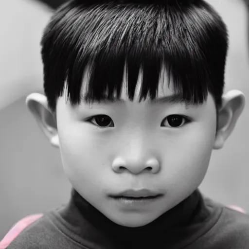 Image similar to cinematic still vietnamese 6 year old in star wars, underbite, heart shaped face, crew cut hair