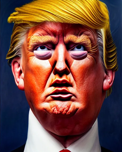 Image similar to a overhead close up portrait of Cyclops Donald Trump with an angry expression, facing front, looking up, by Lucian Freud and Jenny Saville, oil painting, anatomically correct, beautiful perfect face, sharp focus, Highly Detailed, Cinematic Lighting, 8k, HD