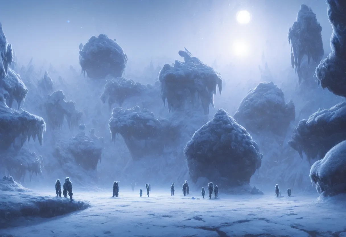 Image similar to ground level view of the frozen winter alien planet with morning fog, ultra high definition, ultra detailed, matte painting, by greg rutkowski and ross tran and wlop