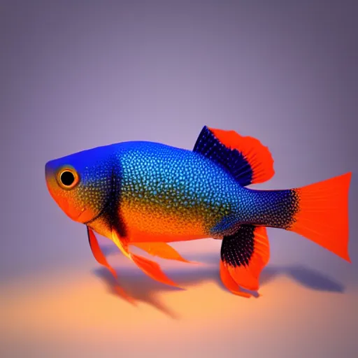 Image similar to a 3d low poly render of a multicolored gradient goldfish, blender, soft lighting