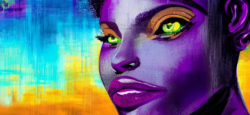 Image similar to portrait of a beautiful black woman, cyberpunk rio de janeiro background, brushstrokes, purple and blue, painterly, at night, corcovado dois irmaos at the background