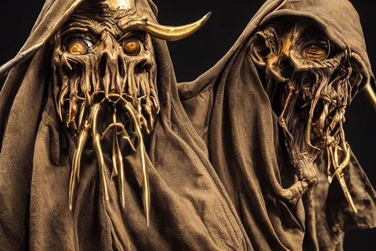 Image similar to photo taken of an epic intricate, ultra detailed, super realistic sculpture of a nightmarish hellish demonic hooded grim reaper on display in a workshop, created by weta workshop, zoomed in shots, photorealistic, sharp focus, f 0. 4, face centred, macro photography, golden ratio, golden hour