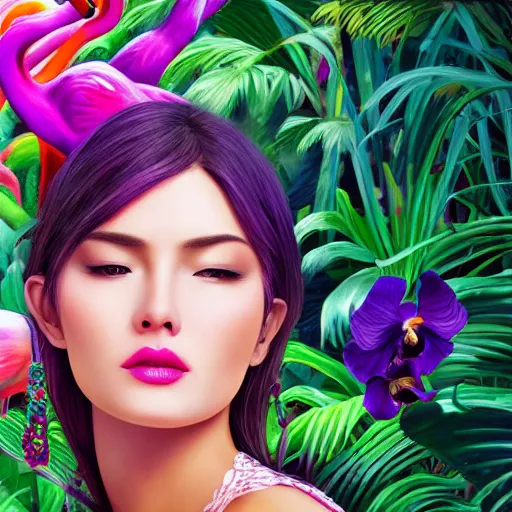 Image similar to photo realistic depiction of a beautiful woman face surrounded by giant black orchids and colorful flamingos style by stanley lau, hyper realistic