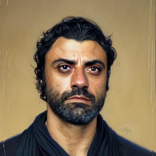 Image similar to oscar isaac, closeup portrait art by donato giancola and greg rutkowski, realistic face, digital art, trending on artstation, symmetry!!