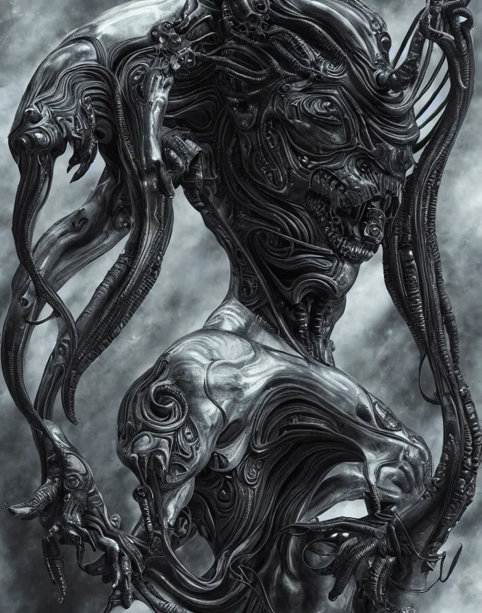 Image similar to engineer prometheus, xenomorph alien, highly detailed, symmetrical long head, smooth marble surfaces, detailed ink illustration, raiden metal gear, cinematic smooth stone, deep aesthetic, concept art, post process, 4k, carved marble texture and silk cloth, latex skin, highly ornate intricate details, prometheus, evil, moody lighting, hr geiger, hayao miyazaki, indsutrial Steampunk