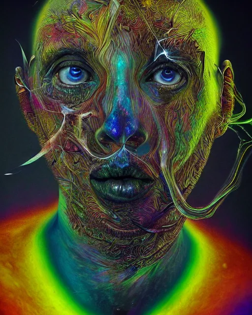 Image similar to realistic portrait of a creature experiment gone wrong, psychedelic, dark art, facing camera, photo realistic, detailed, 1 4 5 0, delicate, hyper realism, ultra realistic, 8 k