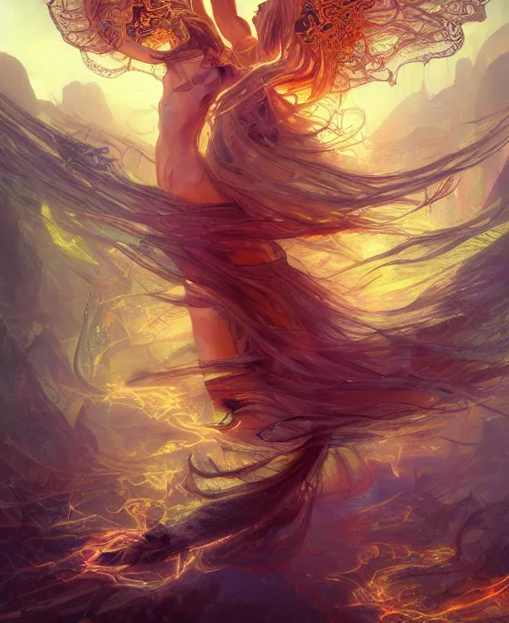 Image similar to a whirlwind of souls rushing inside the metaverse, half body, glowin eyes, mystical insects, mystical birds, lizards, snakes, d & d, fantasy, intricate, elegant, highly detailed, colorful, vivid color, digital painting, artstation, concept art, art by artgerm and greg rutkowski and alphonse mucha and ruan jia