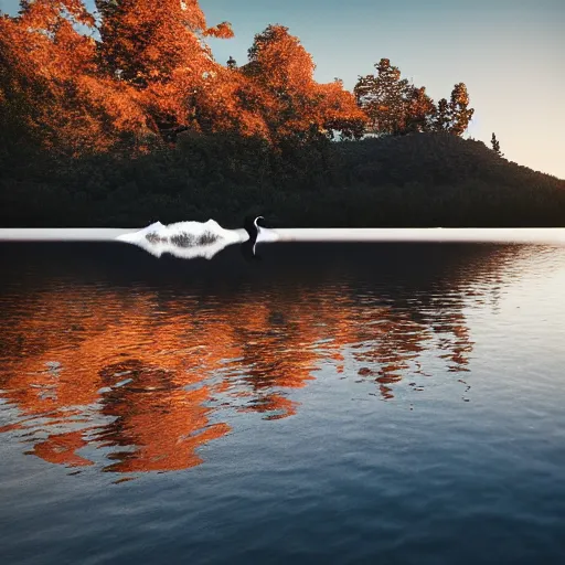 Image similar to photo of two black swans swimming in a beautiful reflective mountain lake, touching heads, forming a heart with their necks, a hot air balloon flying above the swans , granular detail, hot air balloon, intricate, portrait, 8k highly professionally detailed, HDR, CGsociety, octane render, 4k, f32,55mm photography, wide angle