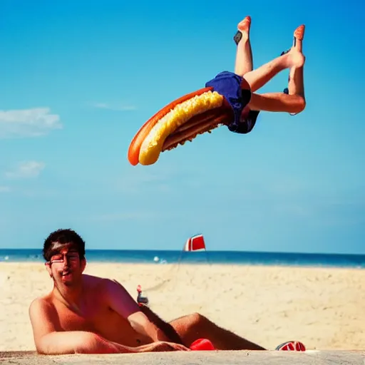 Image similar to man skateboards on a hot dog on a beautiful sunny beach, award winning photo of the year