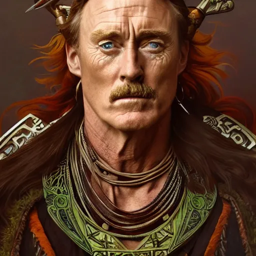 Prompt: full portrait of john c mcginley as a tribal warlord, fantasy, d & d, intricate, detailed, by by alphonse mucha, adolfo hohenstein, alice russell glenny, stanley artgerm lau, greg rutkowski, detailed, trending on artstation, trending on artstation, smooth
