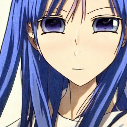 Prompt: anime drawing of a young woman of middling height with a light complexion, hair reaches near her mid-back and forms rounded locks mainly blue in coloration, but with thin, pink-colored streaks running through, one white streak of hair over her left eye, blunt bangs fall on her forehead, split near the left, and an ahoge stands up on her head, has horns: a sharp, upward-curving pair emerging from the sides of her head, white in color, that resembles a bull\'s, eyes are large, round, fringed by long lashes, and encompass violet irises, lower face up to the nose is covered by a pink face mask with a scalloped edge, trimmed with a white stripe, wearing a long-sleeved minidress that is white and pleated above the waist, with a blue bow below a point collar, the dress\'s lower, light-blue, and non-pleated section, with a button placket in the middle, ends in a short skirt part that has a slightly ruffled hem, leaving most of her legs visible. Fastened on her shoulders is a darker-blue cape trimmed with light-blue fur on its edges with blue insides, which goes near the ground, and her footwear is red high heels, view from below