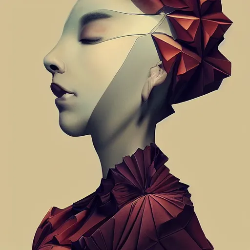 Prompt: 3 / 4 view of a beautiful girl wearing an origami dress, elegant, by esao andrews, by eiko ishioka, givenchy, by peter mohrbacher, centered, high depth of field, origami, detailed fashion illustration, vogue, japanese, reallusion character creator