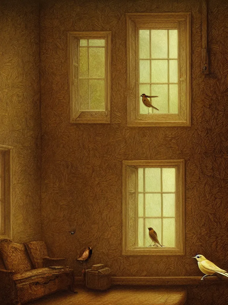 Image similar to single man knows to hear birds sing while in an empty room, intricate detailed oil painting, detailed illustration, oil painting, painterly feeling, centric composition