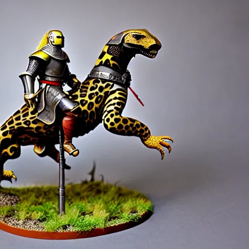 Prompt: A medieval knight riding on a giant leopard gecko, highly detailed, fantasy, painted wargaming miniature