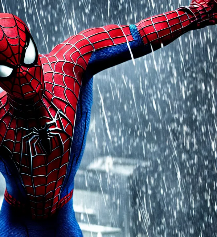 Image similar to cinematic of tobey maguire as spiderman, dramatic rain, 8 k