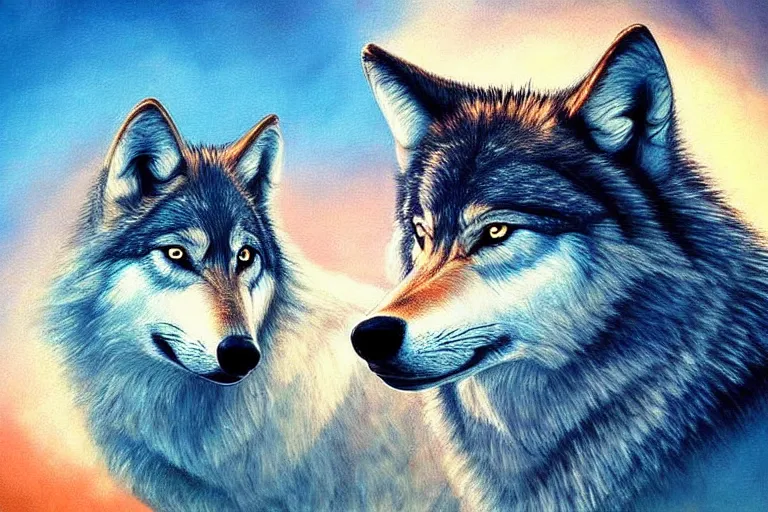 Image similar to wolf, fantasy, painting, ultra realistic!!!, clear weather, golden hour, sharp focus