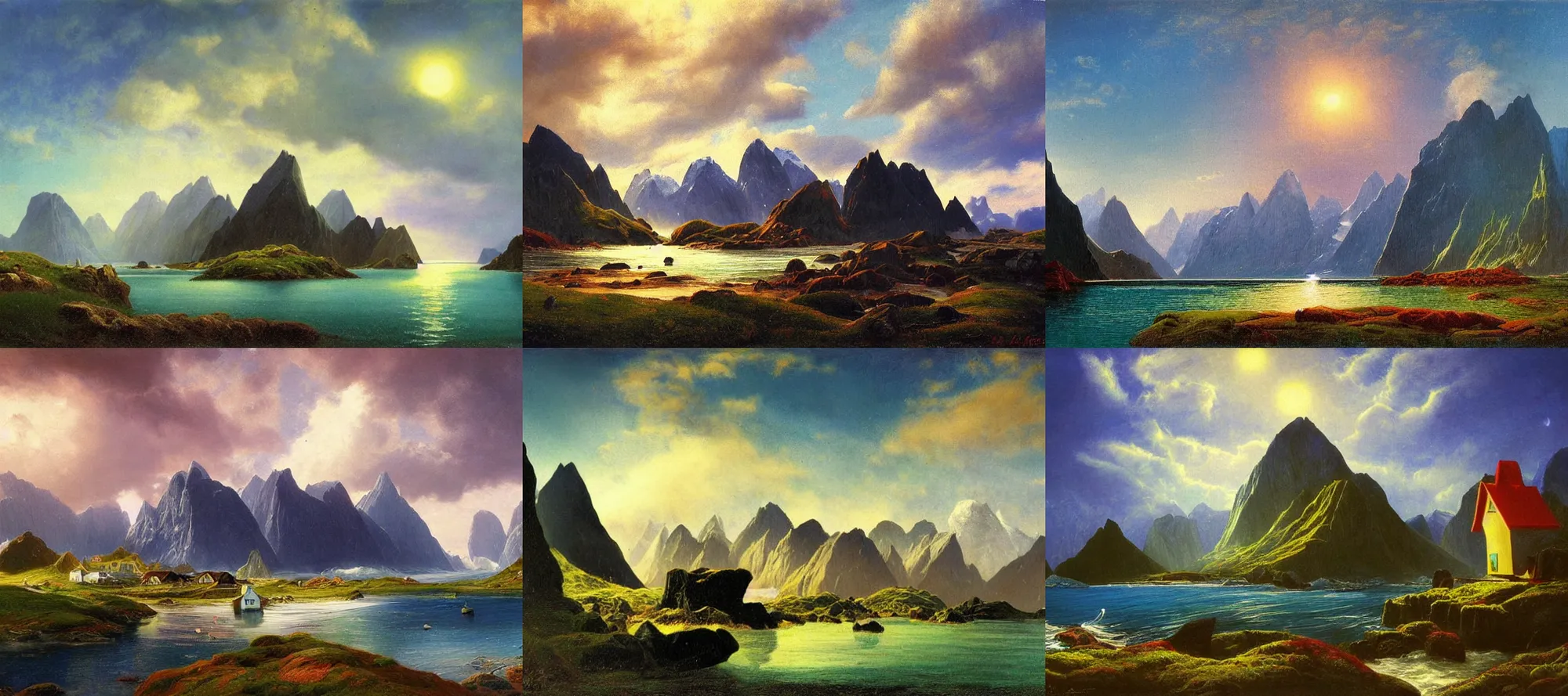 Prompt: lofoten landscape in the style of dr. seuss, starships, painting by albert bierstadt