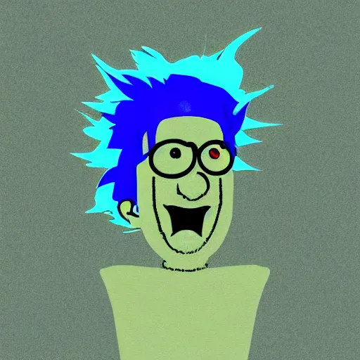 Image similar to drunk scientist called rick whit blue hair turning him self into a pickle during an experiment, digital art