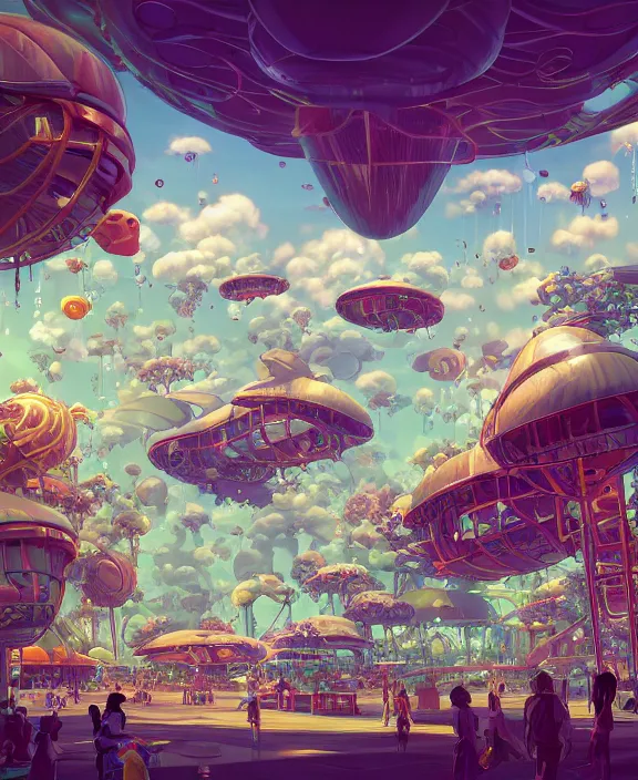 Image similar to simplicity, an elegant amusement park made out of seamless fat asymmetrical organic creatures, in the style of an aerodynamic blobby spaceship, overgrown with orchids, partly cloudy, sun - drenched, dramatic lighting, by dan mumford, yusuke murata, makoto shinkai, ross tran, cinematic, unreal engine, cel shaded, featured on artstation, pixiv