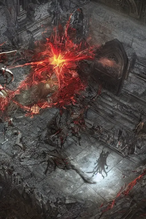 Image similar to Path of Exile, [Sirius], clear [[bronze]] face [mask], luminous red eyes, male image with [bronze] black bloody armor, sitting on the throne, inside the ruined gothic church, black shadows, red lasers, dark red bloody fog, black-grey smoky tornadoes fly around, [[blood]], Anachronism, painting, dark fantasy, steampunk, 4k, perfect quality,