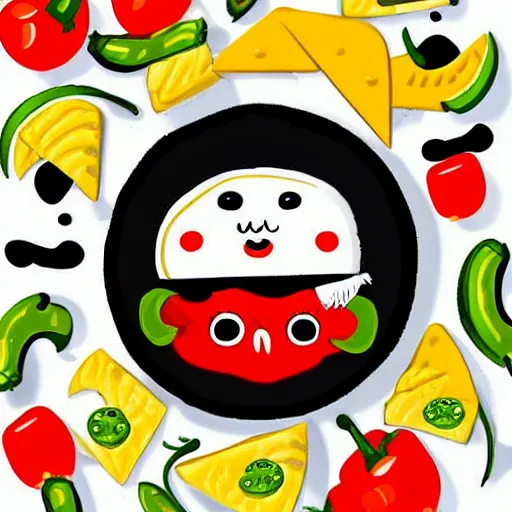 Image similar to cute nachos with cheese and jalapeno illustrations, white background, drawing, cartoon,