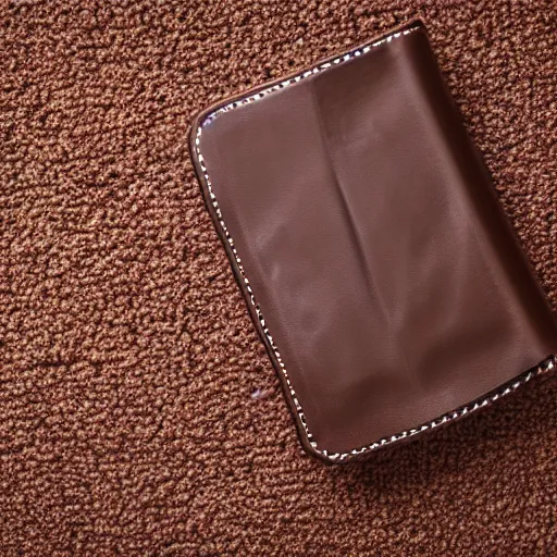 Prompt: Leather wallet sitting on a whiteish carpet, photorealistic 8k