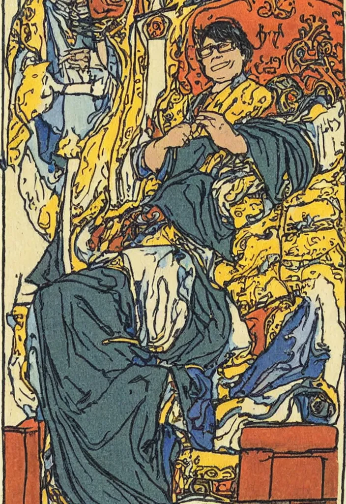 Image similar to Yann LeCun sitting on the throne on a tarot card, illustrated on the Rider–Waite tarot.