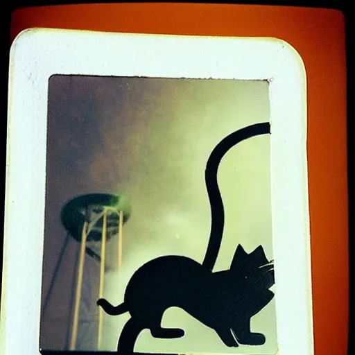 Image similar to black cat on a rollercoaster. happy. sunlight. polaroid photo. bright colors.