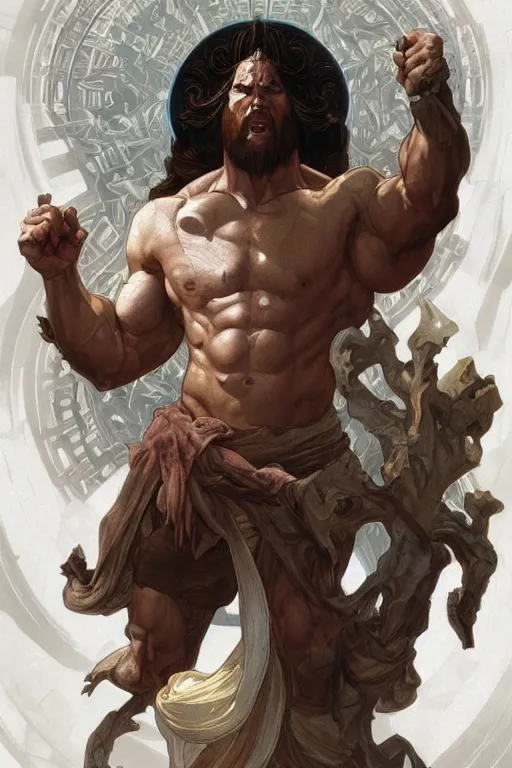 Image similar to hulking herculean ogre jesus christ, on the cross, masterpiece, intricate, elegant, highly detailed, digital painting, artstation, concept art, smooth, sharp focus, illustration, art by artgerm and greg rutkowski and alphonse mucha and uang guangjian and gil elvgren and sachin teng, symmetry!!