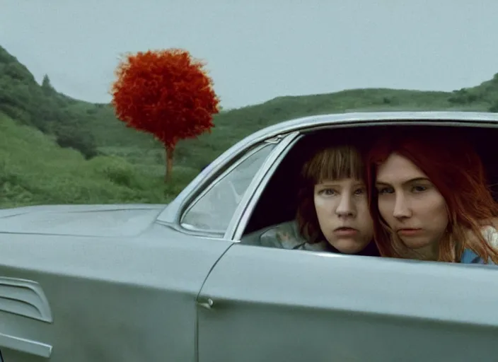 Image similar to A very high resolution image from a new movie, landscape from a car window , teen red hair woman, raining, hot, directed by wes anderson