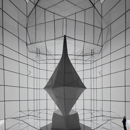 Image similar to a conceptual polygonal mesh object on a pedestal in a vast white room, courtesy of Centre Pompidou, archival pigment print