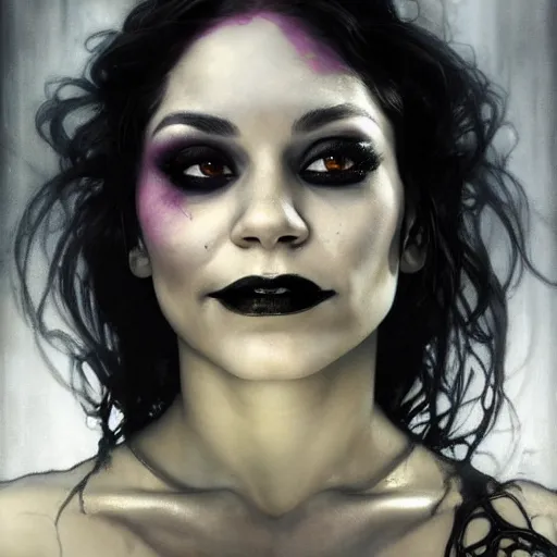 Image similar to beautiful portrait of vanessa hudgens as death from sandman, smiling, by cedric peyravernay, alphonse mucha, by jeremy mann, by lecouffe deharme, goth chic, soft lightning, eyeliner, punk rock, high detailed, 8 k