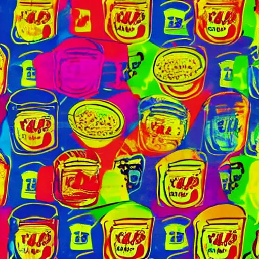 Image similar to dumplings flying through multiverse universe galaxy, popart, vivid colors, by Andy Warhol