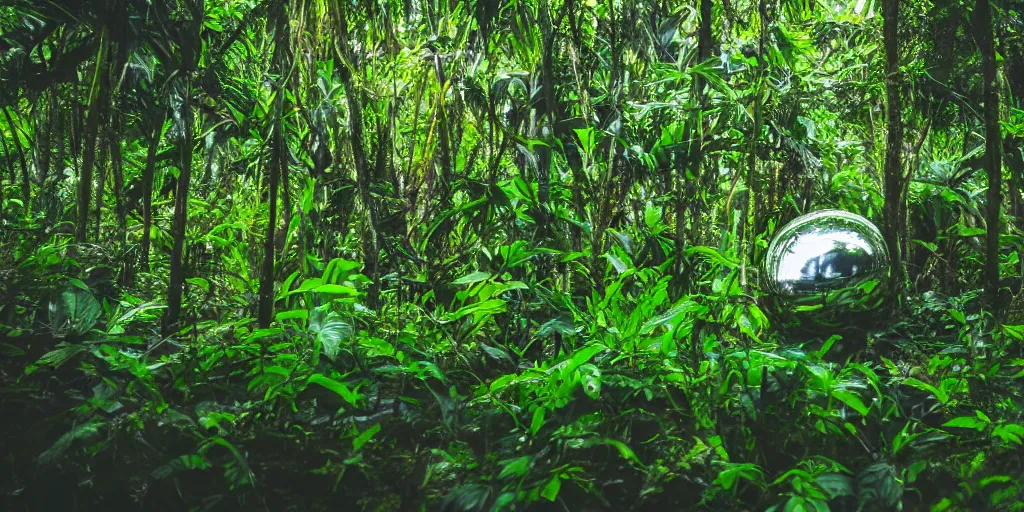 Image similar to photo of a chrome blob deep in tropical jungle, sharp wide shot