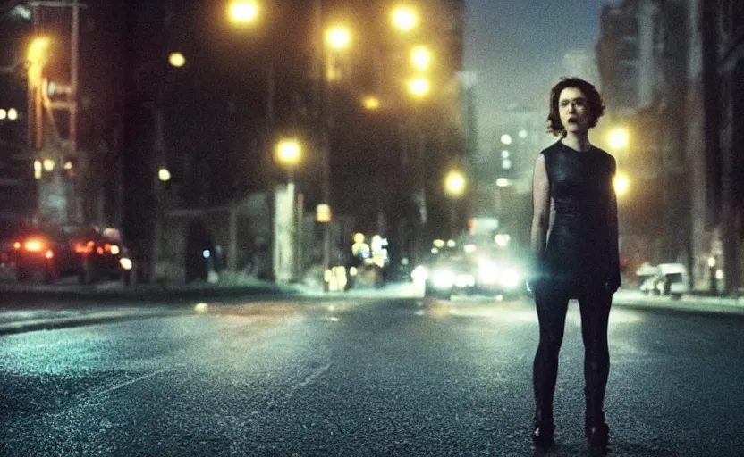 Image similar to “ movie screen shot of under the skin, charismatic scarlett johansson is looking down a street at night, suspense, cinematic, epic, dramatic ”