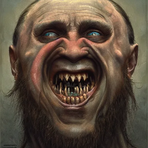 Prompt: vladimir putin, putin is bald prehistoric primate caveman, reptiloid reptile eyes, toothless, saw teeth, horror macabre face, clown nose, by donato giancola and greg rutkowski and wayne barlow and zdzisław beksinski, realistic face, digital art