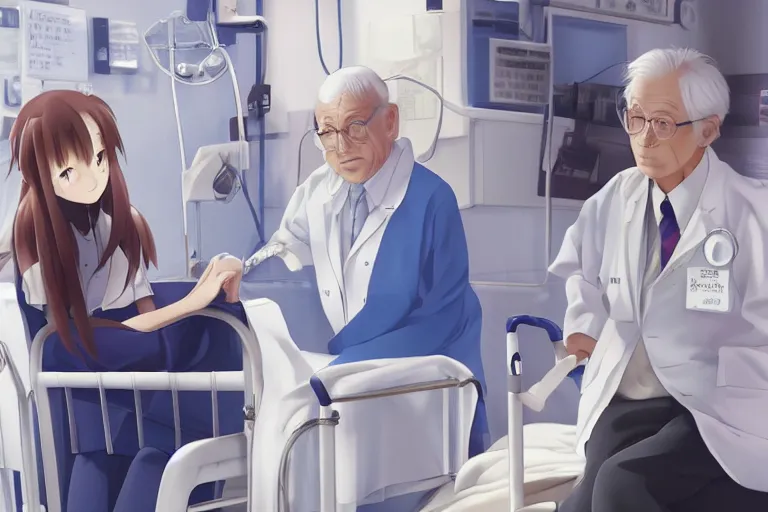 Image similar to a cute young female doctor wearing white coat, an old man of 80 years wearing blue T-shirt in a wheelchair, hospital ward, slice of life anime, cinematic, realistic, anime scenery by Naoshi Arakawa:8 and Makoto shinkai