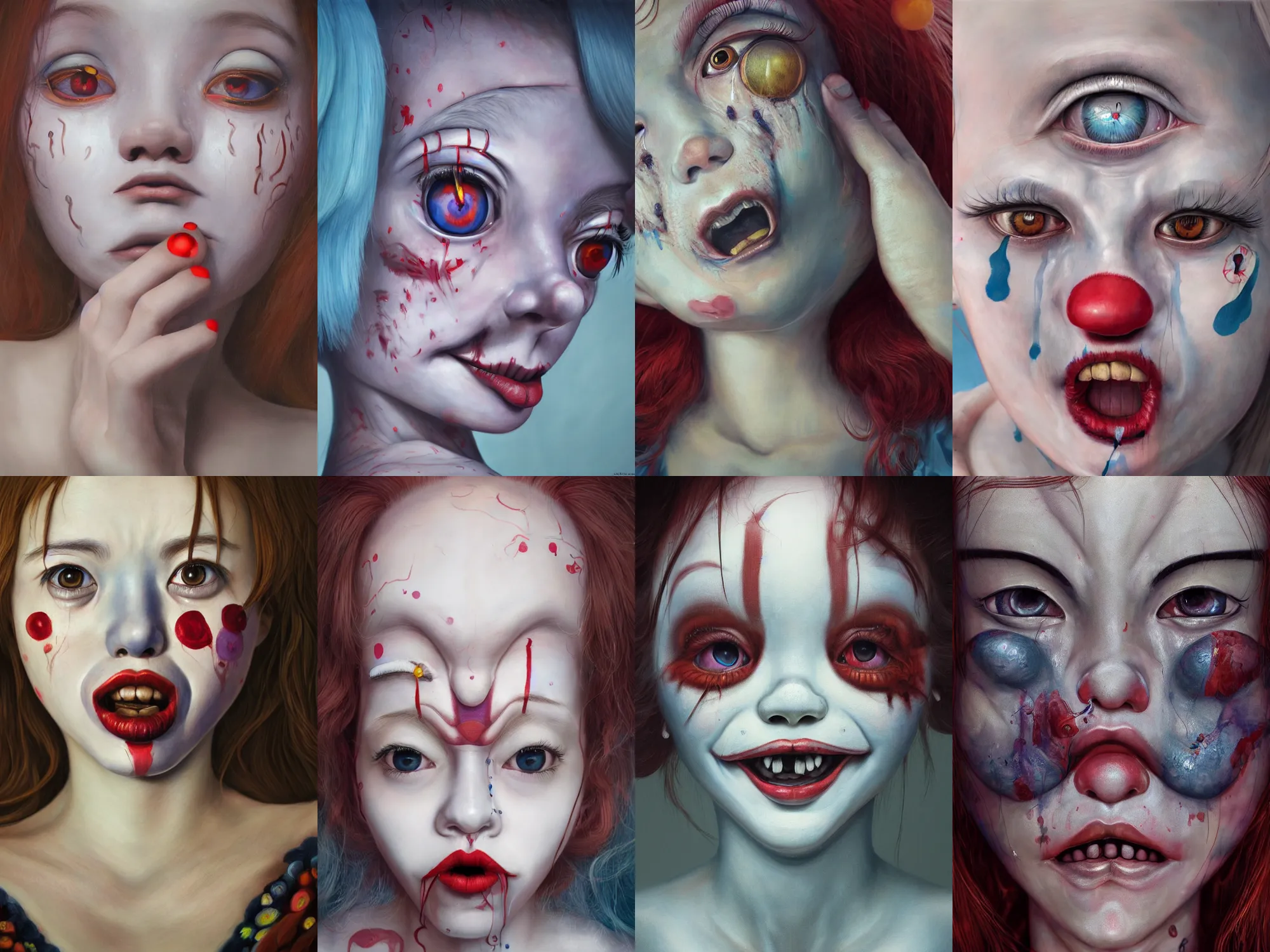 Image similar to detailed painting of clown girl crying, piercing eyes, james jean, miho hirano, hyperrealistic, octane render, ambient light, dynamic lighting