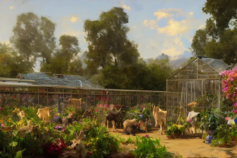 Prompt: weed greenhouse with hundreds of goats in the yard, goat farm, rococo style, greek architecture, green marble building, marijuana trees, multicolored weed leaves, dynamic lighting, landscape, artwork by jeremy lipkin and giuseppe dangelico pino and michael garmash and rob rey and greg manchess and huang guangjian and makoto shinkai, pixiv, 1 0 0 mm