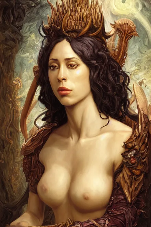 Image similar to A fantasy comic book style portrait painting of, hybrid, Oona Chaplin, Cory Chase, as an Atlantean, Reptilian Warrior, Mystical Valkyrie, François Boucher, Oil Painting, unreal 5, DAZ, hyperrealistic, octane render, Regal, Refined, Detailed Digital Art, RPG portrait, Michael Cheval, William-Adolphe Bouguereau, Walt Disney (1937), Steampunk, dynamic lighting, Highly Detailed, Cinematic Lighting, Unreal Engine, 8k, HD