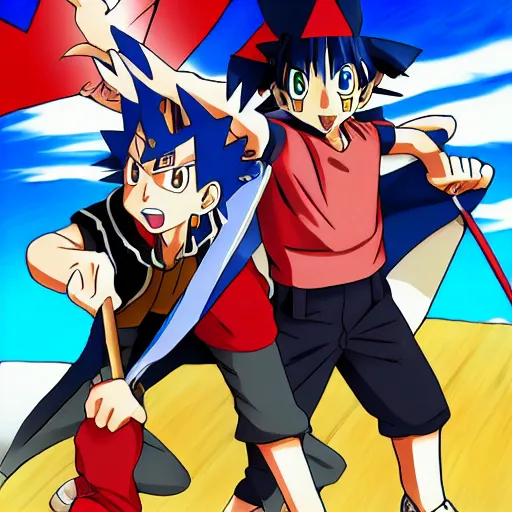 Image similar to ash ketchum dueling yugi moto, anime, highly detailed