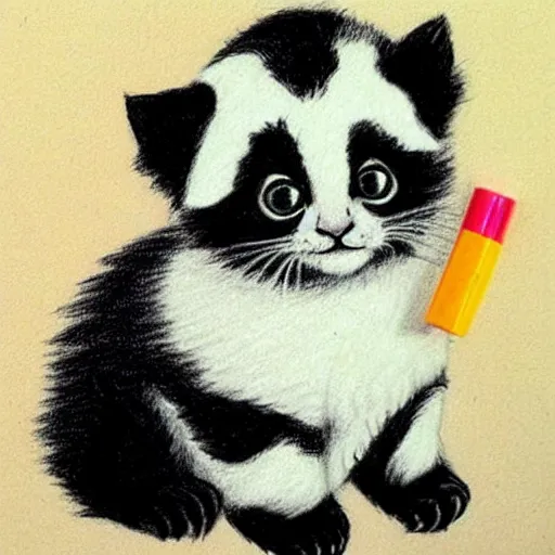 Image similar to child drawning of a cute kitten with panda body and cat face, crayon