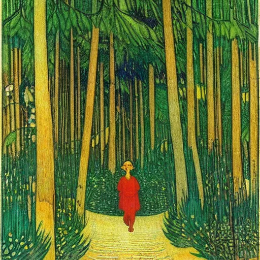 Image similar to a person walking through a forest, art by ivan bilibin and giacomo balla,