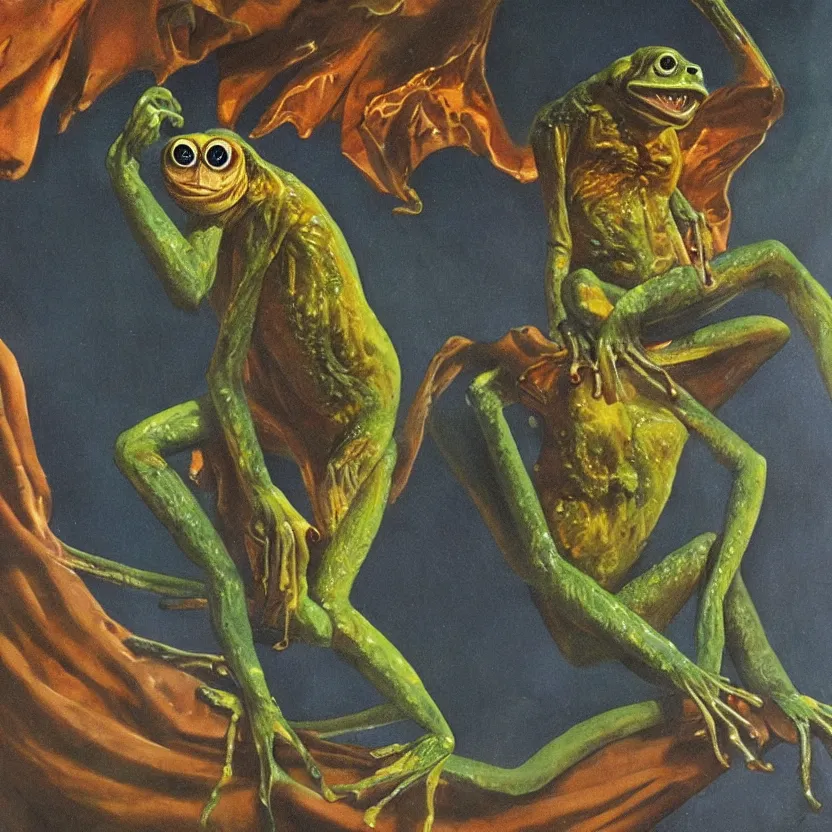 Prompt: an alien frog monkey with wings on a distant cosmic world. strange anatomy. pulp sci - fi art. baroque period, oil on canvas