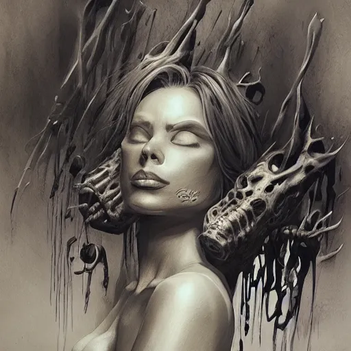 Image similar to lie and tell me things, better things, i can't escape this pain! dream horrifying artwork by nekro, borja, syd mead, zdislaw cosmic horror charcoal artwork, surreal existentialism