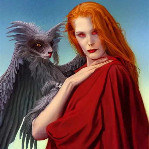 Image similar to portrait of a angelic woman and her demonic pet, by Gerald Brom